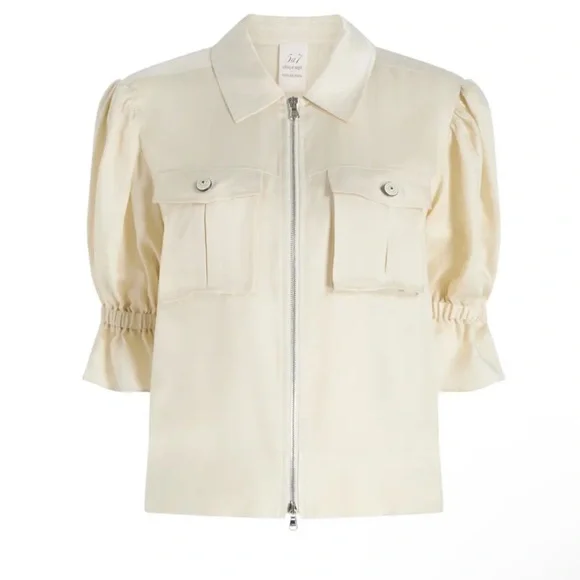 Cinq A Sept Holly Satin Pocket Puff Short Sleeve Ruffle Ivory Jacket size small - Picture 2 of 9